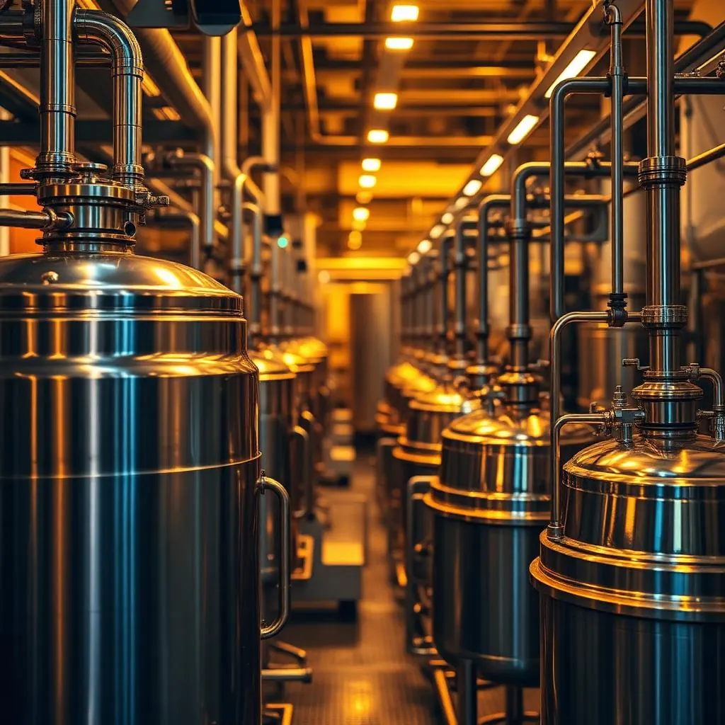 Reactores industriales de acero inoxidable con tuberías alineados en un pasillo de la fábrica de cosméticos