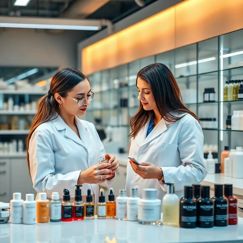 Dos investigadoras con bata blanca examinan un frasco de cosmético en un laboratorio con estantes de productos